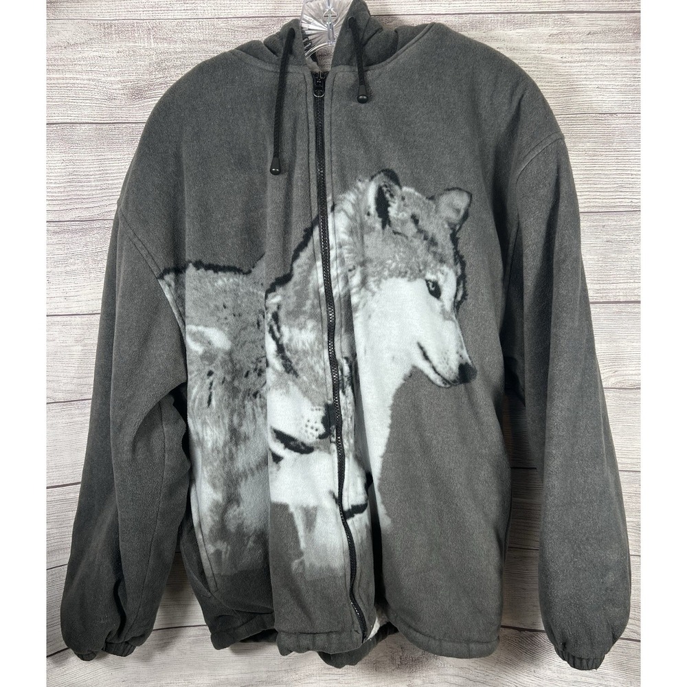 Vintage Black Canyon Wolf Print Sherpa Lined Hooded Fleece Jacket 2XL